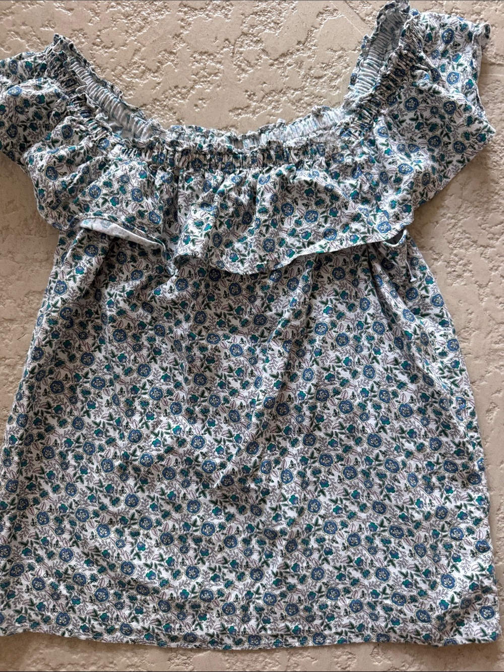 LOFT Floral Off-Shoulder Ruffle Top in Blue and Green